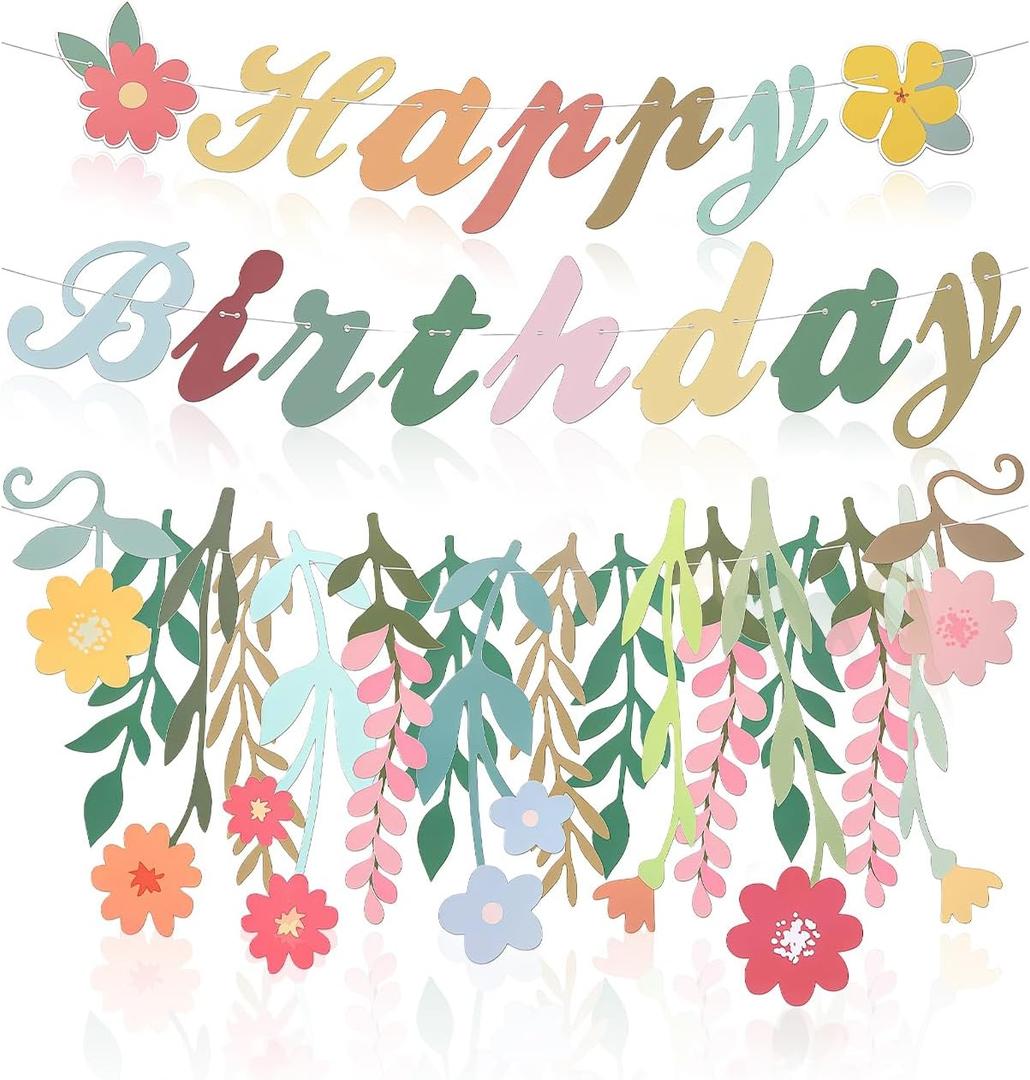 2 Pcs Birthday Decorations for Women Flower Birthday Decorations Spring Pink Decor Flowers and Circle Dot Garland Boho Pre Strung Banner