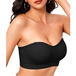 Strapless Bras for Women Non-Slip Wireless Bandeau Bra Seamless Padded Tube Top Bra Including Fabric & Clear Straps (Black) L