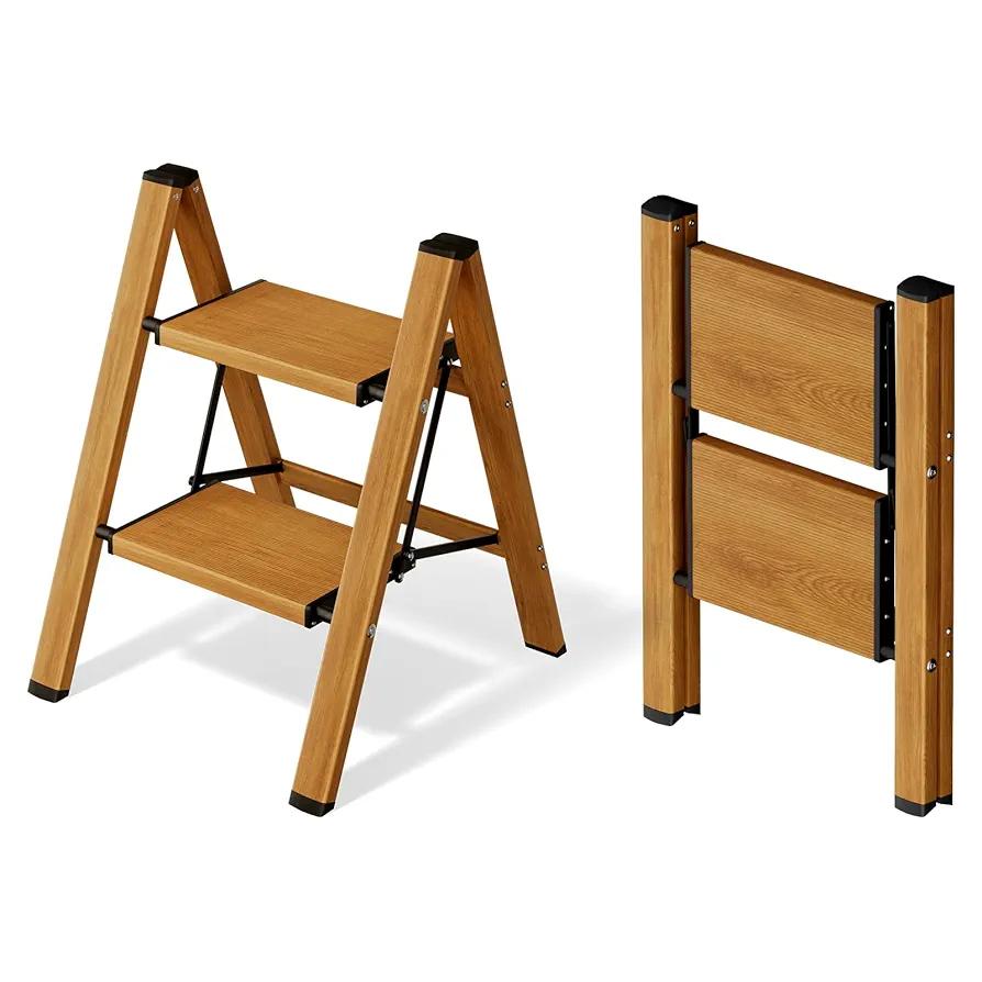 2 Step Ladder,Aluminum Folding Step Stool for Adults,Step Ladder with Wide Anti-Slip Pedal,330 lbs Capacity for Home,Office,Kitchen,Library(Woodgrain)