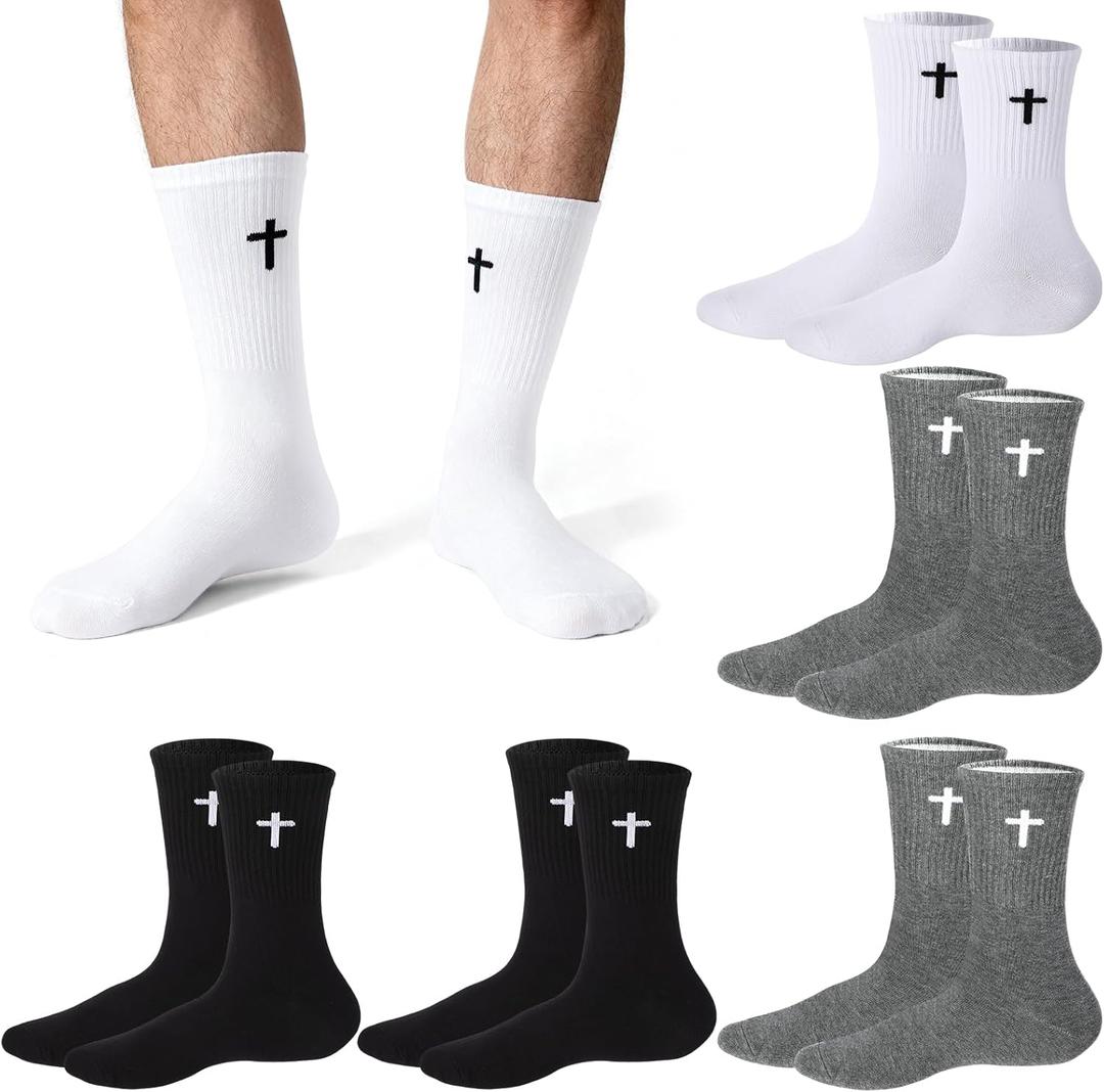 6 Pairs Cross Socks for Men US 7-9 Christian Pastor Elastic Crew Socks Cross Print Embroidered Geo Cotton Sock (Black, White, Gray)