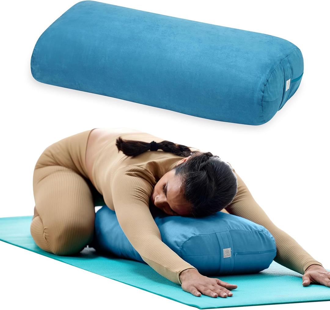 Gaiam Round Yoga Bolster Pillow, Soft Meditation Cushion for Yoga, Massage and Back Support, Breathable Cotton Fill, Zippered Microfiber Cover, Easy-Carry Handle, Machine Washable (Teal)