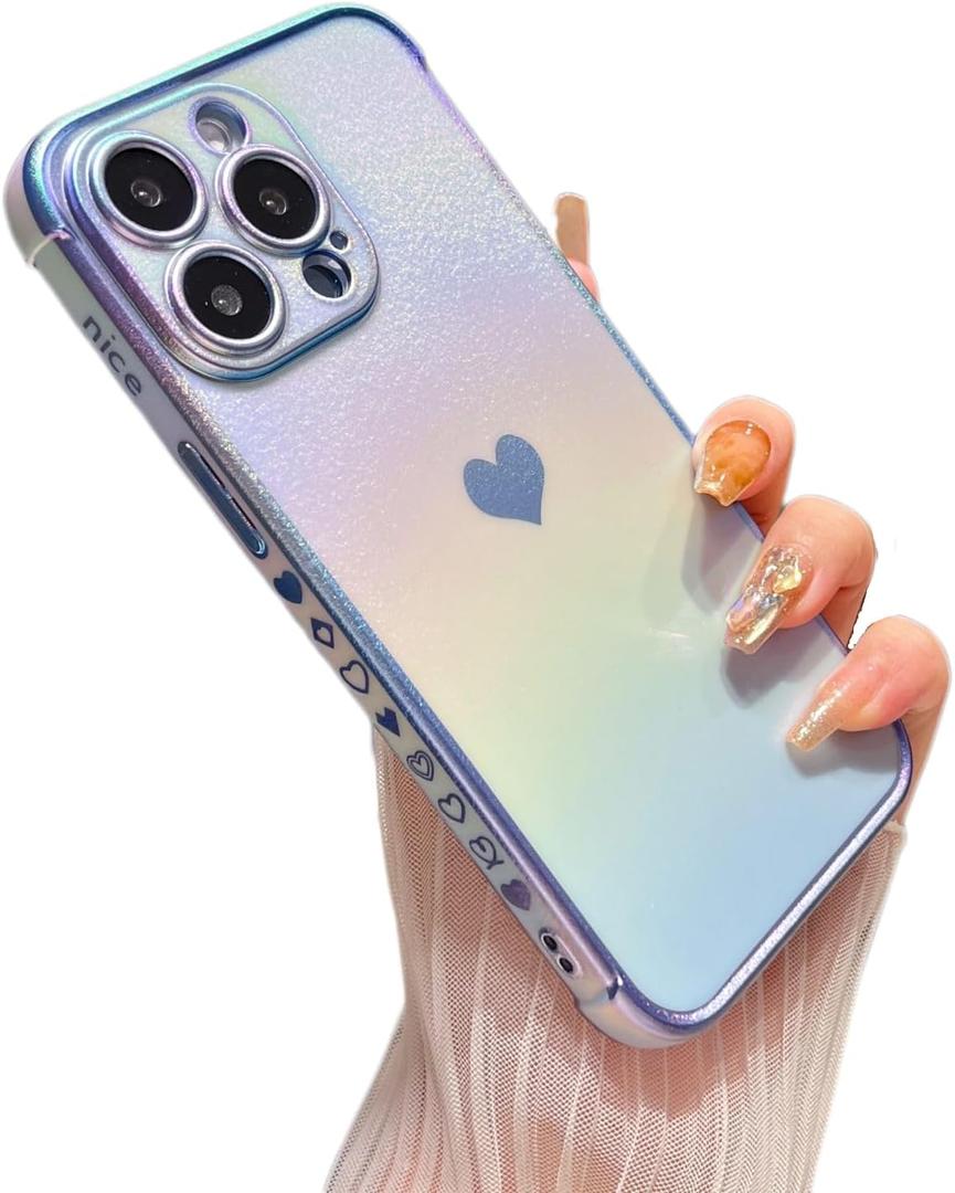 ZTOFERA for iPhone 15 Pro Case 6.1 inch,Cute Colorful Iridescent Plating Edge Case with Love Hearts Pattern,Camera Lens Protection Shockproof Phone Case for Women Girls,Iridescent Blue