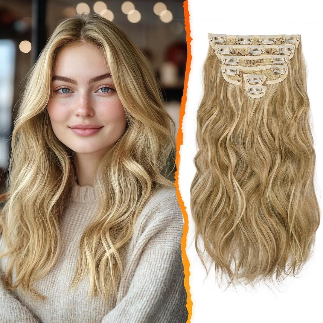 BARSDAR Golden Blonde Clip in Hair Extensions - Golden Blonde Highlight Wavy Clip in Hair Extensions for Women - 16 Inch 6 PCS Voluminous Thick Soft Synthetic Beach Wavy Hairpieces Daily Party