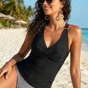 Women Tankini Top Only - Twist Front Tummy Control Swim Bathing Suit Top Adjustable Cross Back No Bottom 2025 (Black, L)