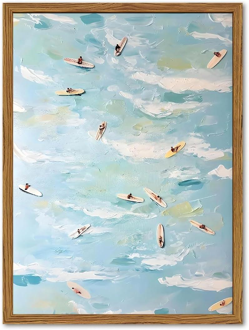 Framed Tiny People Surfing Canvas Wall Art, Abstract Blue Coastal Surfer Pictures Wall Decor, Funky Summer Ocean Paintings Prints Beachy Home Decor for Living Room Bedroom Dorm 16x24 inch