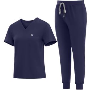 Medical Scrubs Set for Women - Classic V-Neck Top & Jogger Pants with Stretch Nursing Uniform Scrub Suit, Large
