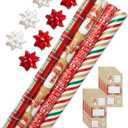 American Greetings Christmas Wrapping Paper Set, Red and Tan Brown Holiday Gift Wrap (120 sq. ft., 4 rolls-30 in. x 12 ft., 7 Adhesive Bows, 30 Gift Tag Stickers) Plaid, Stripes, and Snowmen
