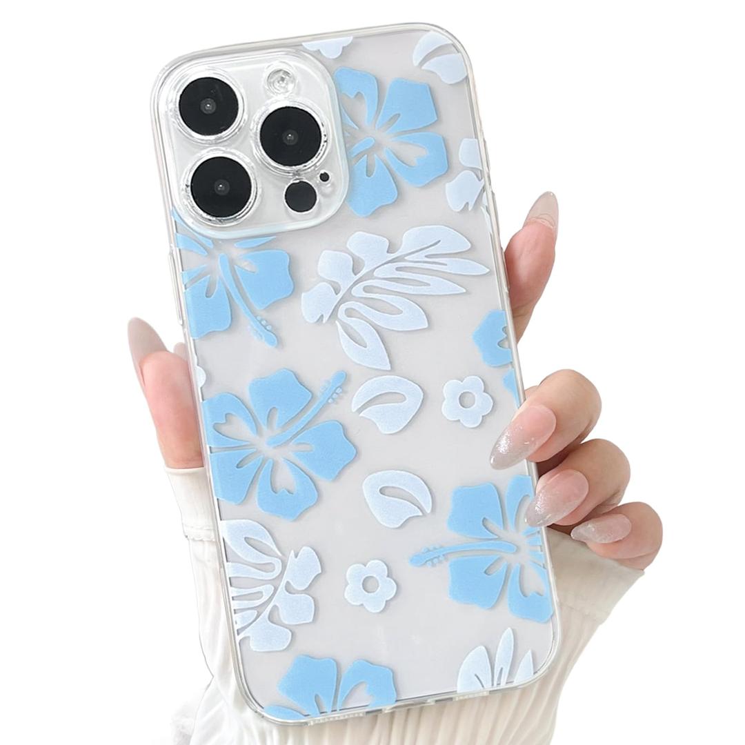 NITITOP Compatible with iPhone 12 Pro Max Case Cute Clear Aesthetic Floral Flower Hibiscus Pattern for Girls Women Soft TPU Full Camera Lens Shockproof Protective Phone Cover - Blue