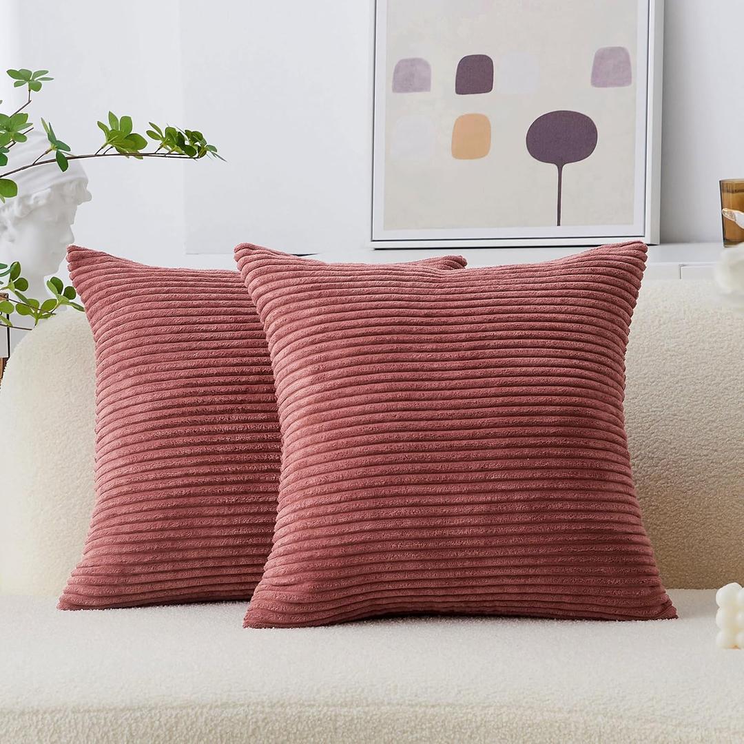 Home Brilliant 24x24 Pillow Covers Pink Decor Striped Velvet Corduroy Euro Sham Large Square Pillowcase for Sofa Bed, 60cm, Set of 2, Dry Rose Pink