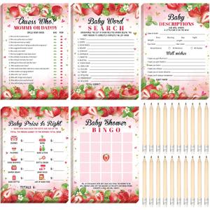 Yinder 145 Pcs Baby Shower Games Activities Cards with 20 Pencils Includes Baby Bingo Description and Wishes Guess Who Price is Right Word Scramble Game(Strawberry)