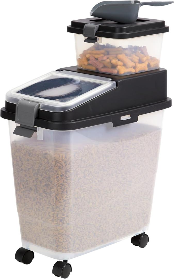 Mighty Tuff 3 Piece Airtight Dog Food Storage Container, Up to 36 lbs, with 5 lbs Dog Treat Container and Portion Scoop  BPA Free Airtight Pet Food Bin on Wheels