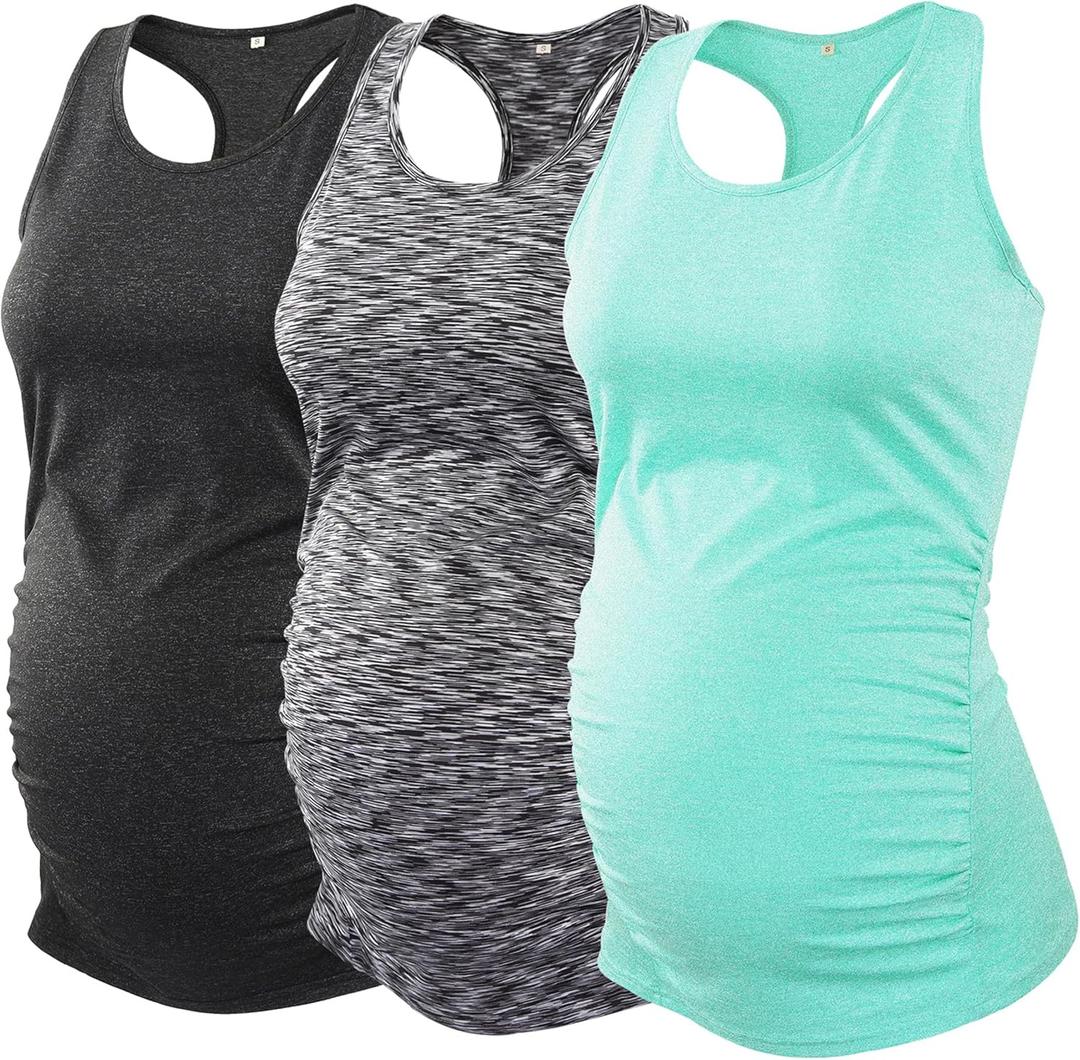 Glampunch 3PCS Maternity Yoga Tops Sleeveless Racerback Workout Athletic Maternity Tank Tops Pregnancy T-Shirt (Small, Black/Black Heather/Green)