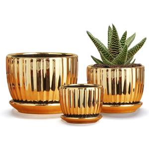 Ton Sin Gold Plant Pots,4.1+5.1+6.5 Inch Ceramic Succulent Planters Set of 3 Mini Indoor Flower Pot with Drainage,Handmade Decorative Ceramic Orchid and Herb Pots(Gold)