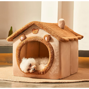 JIUPETY Dog House Dog Bed with Cover Cave with Non-Slip Bottom, M Size Tent Bed for 7-14 Lb Dogs and 9-17 Lb Cats, Brown