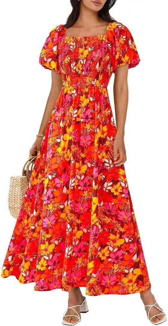BTFBM Womens Spring 2026 Casual Maxi Dresses Short Sleeve Smocked Tiered Floral Boho Long Beach Dress with Pockets (M)