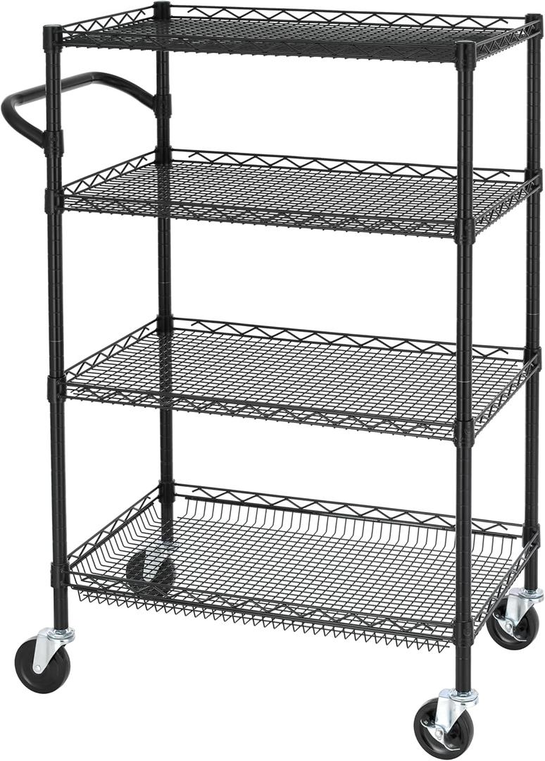 Finnhomy 4 Tier Heavy Duty Commercial Grade Rolling Cart with Handle Bar, Metal Wire Utility Cart with Wheels, Shelf Size 18" D x 30" W, NSF Listed, Black