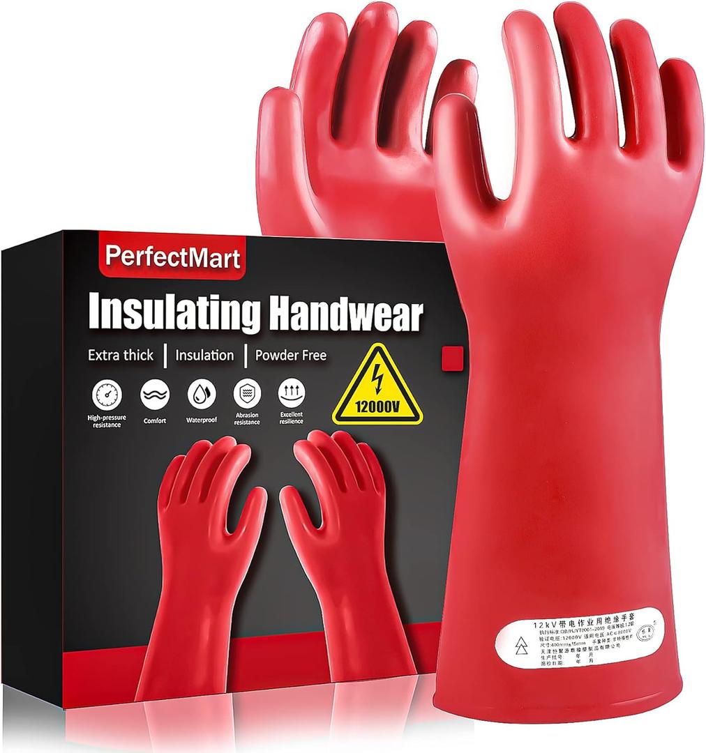 Insulating Gloves For High Voltage Electrical Work 1.8mm-Thickness Protective Gloves Cut & Stab Resistant 12kVAC/22kVDC Max Red Rubber Insulating Handwear For Lineworker Electricians