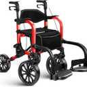 Foldable Rollator Walker with Seat for Seniors & Adults Lightweight 2-in-1 Walker and Wheelchair Combo Adjustable Handle Height Transport Chair with Brakes 300 lbs Weight Capacity (Red Hd-all Terrain(10" Front and 8" Rear Wheels))