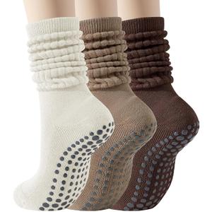 Pilates Socks with Grips for Women, 3 Pairs Long Scrunch Non Slip Yoga Barre Hospital Slouch Socks (Mix Color)