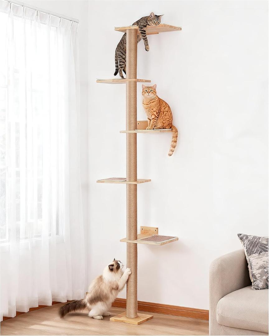Aechonow 80inch Wall Mounted Cat Tree, 15.8in Top Perch Bed for Large Adult Cats, Adjustable Cat Shelves Floor to Ceiling for Scratch, Climb, and Lookout