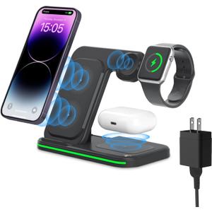 Wireless Charger for Multi Devices 3 in 1 Foldable Fast Charging Station Stand Compatible for iPhone 17 16 15 14 13 Pro for Apple Watch Series for AirPods 4 3 2 Pro for Samsung Galaxy Android (Black)