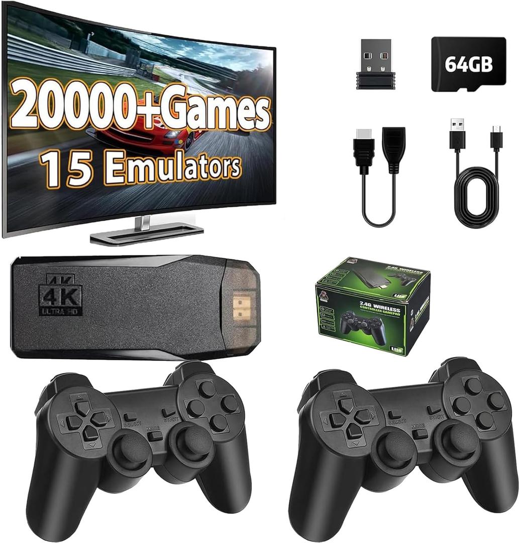 Retro Gaming Console Classic M8 64G Wireless Game Stick, 20000+ Games, 4K HDMI Output Plug & Play Handheld Game Console with 2.4G Wireless Controller Gamepad, Gifts for Kids Adult