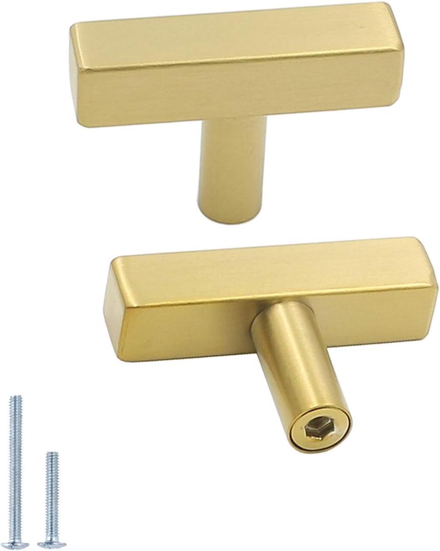 25 Pack Gold Cabinet Knobs Brushed Gold Drawer Knobs T Brass Cabinet Pulls for Kitchen Cupboard & Drawer Hardware