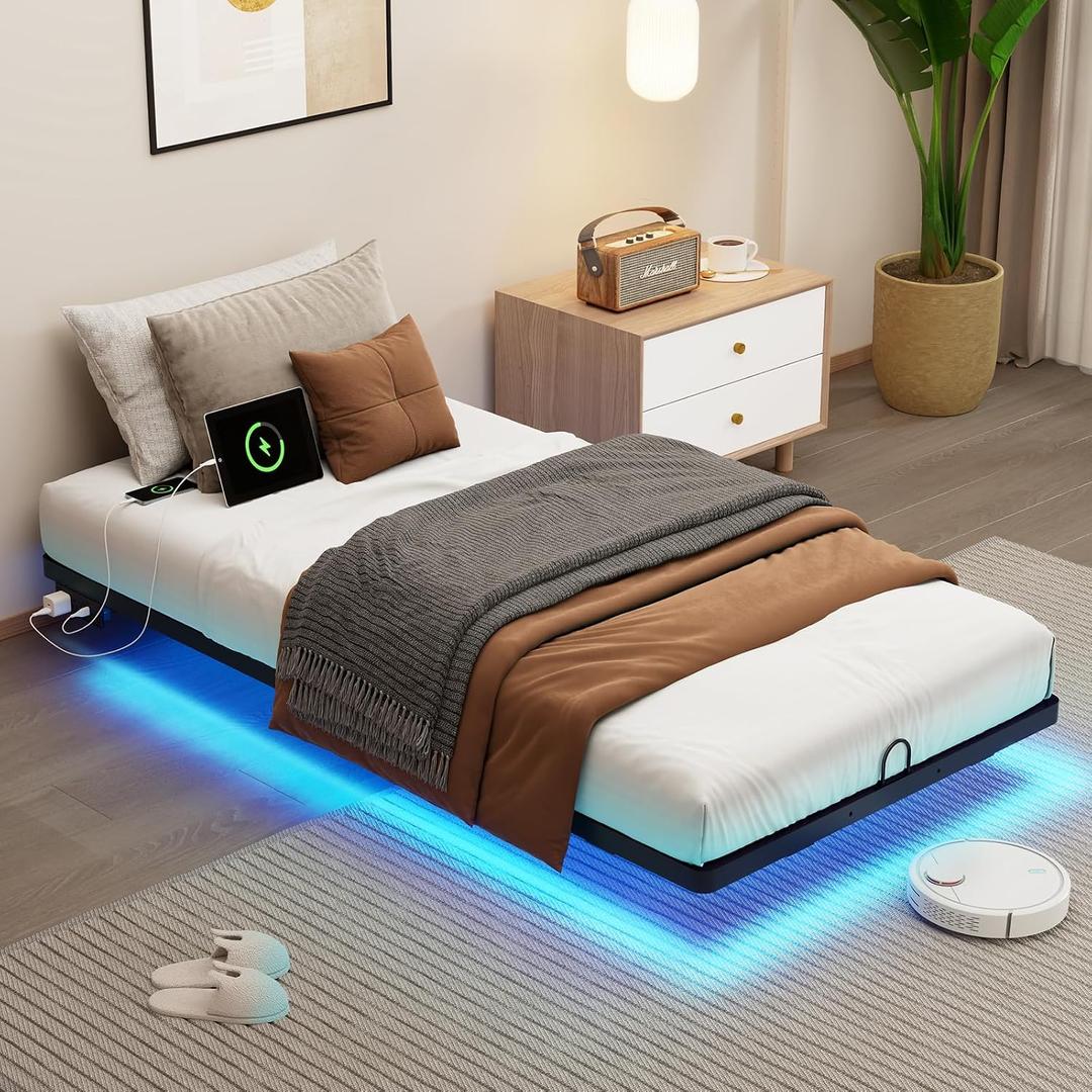 Twin XL Size Floating Metal Bed Frame with Smart LED Lights & Charging Station, Metal Platform Bed Base No Box Spring Needed, Easy Assembly, Noise Free