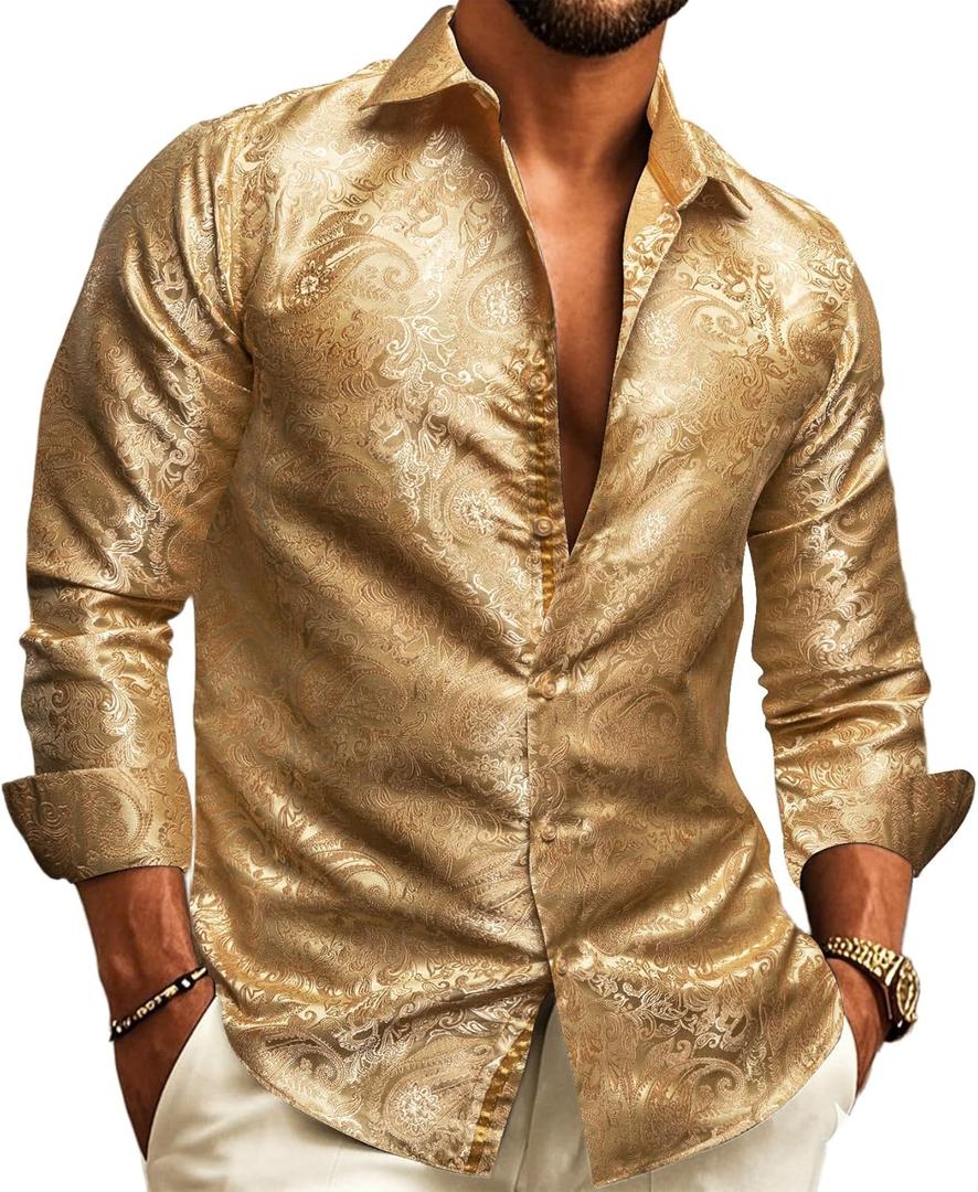 Barry.Wang Mens 70s Disco Dress Shirts Paisley Long Sleeve Designer Outfit Floral Top for Dance Party Casua (X-Large, Gold Jacquard)