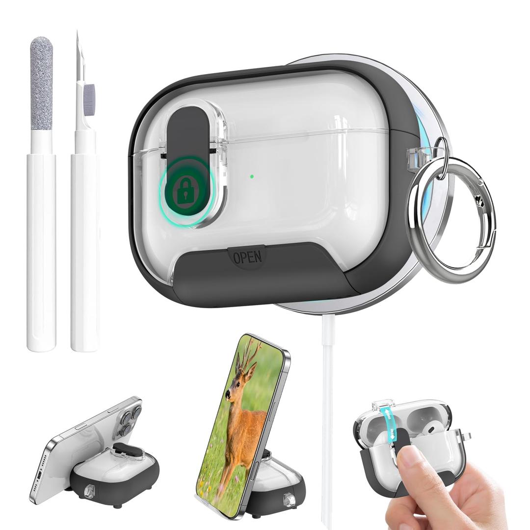 Aircawin for Airpods Pro 3 Case Clear,Secure Lock for Airpods pro 3rd Generation Case Cover with Phone Stand and Magsafe Function,Auto Pop-up,Hybrid Protection Design with Carabiner&Cleaning Pen-Black