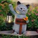 Juegoal Garden Statue Solar Cat Figurine with Lantern, 10" Resin Kitten Outdoor Lawn Porch Yard Art, Lighted Christmas Birthday Gifts for Mom Grandma