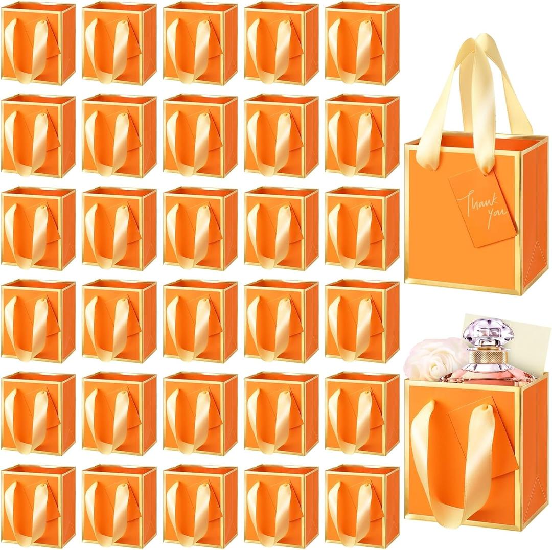 Yeaqee 50 Pcs Mini Metallic Paper Gift Bags with Handles 4x2.75x4.5'' Tiny Small Gift Bags with Thank You Tag for Wedding Graduation Birthday Party Return Gifts Jewelry Business (Orange,Gold)