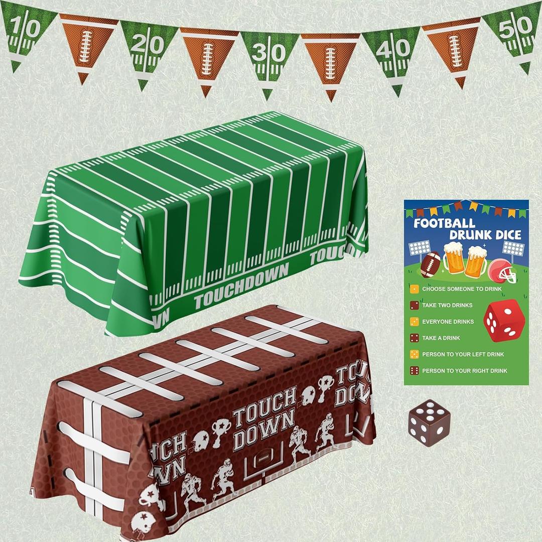 Football Theme Party Decorations, Football Party Supplies Kit Includes 54" X 108" Thick Football Tablecloth Party Banner Dice & Football Dice Game Manual Card for Birthday Gameday Decorations
