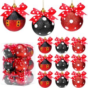 Suncalla 12 Pcs 2.4 Inch Christmas Glitter Ball Ornaments Mouse Plastic Ball with Dot Bow Tree Ornaments Cartoon Mouse Balls Red Black Yellow White Dot Decorations for Xmas Trees Party House Decor