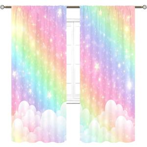 Cinbloo Rainbow Curtains 52Wx84H Inch Rod Pocket Kids Pastel Curtains Girls Cartoon Cute Colorful Sky Clouds Stars Aesthetic Art Printed Girly Princess Living Room Bedroom Window Drapes Fabric 2 Panel