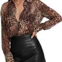 Prettywear Women Sheer Long Sleeve Tops See Through Mesh Oversized Blouses Sexy Trendy Button Down Shirts Tunic (Small, Leopard)