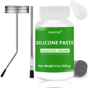 8oz Silicone Paste Automotive & Dielectric Grease for Electrical Connectors (with Curved & Straight Brush + Towel), 100% Waterproof Silicone Grease for O-Rings, Brake, Marine & Universal Use