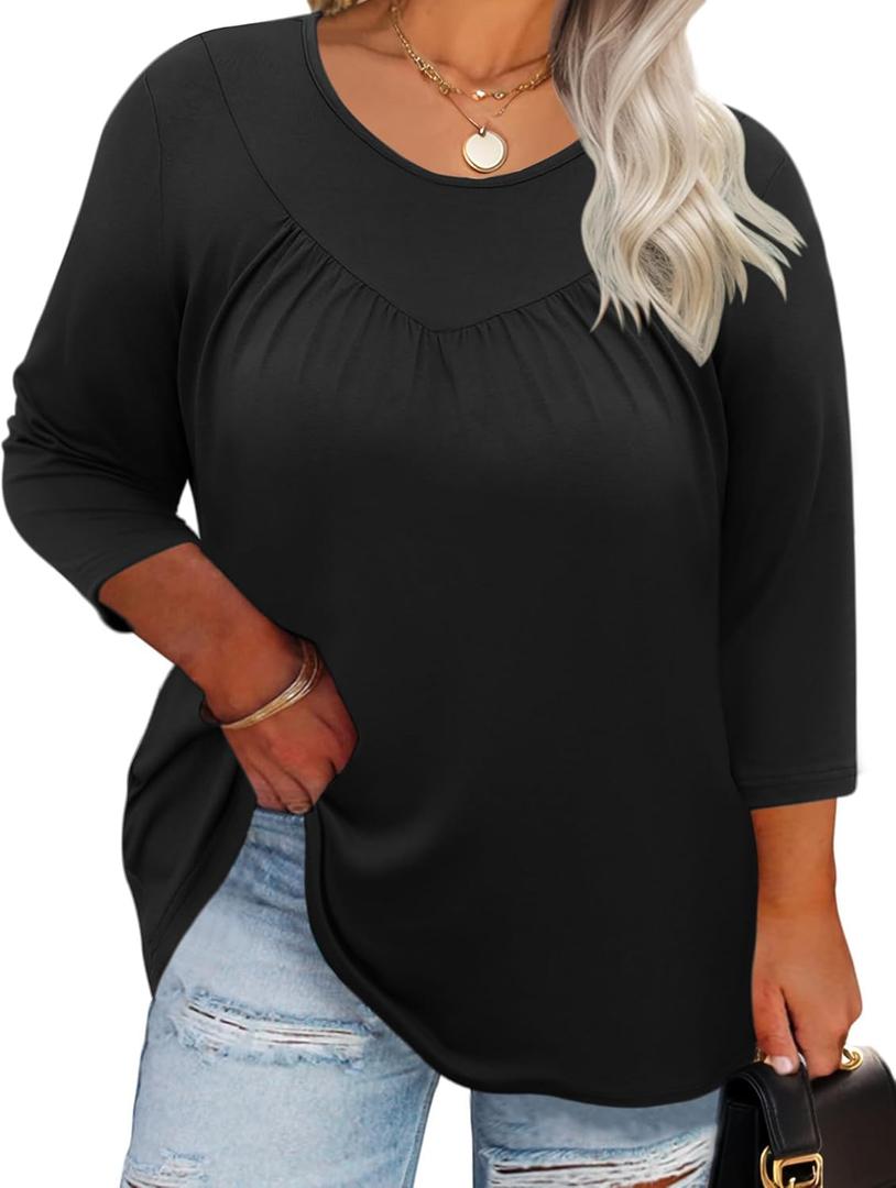 TFSDOD Plus Size Shirts for Curvy Women 3/ 4 Length Three Quarter Sleeve Crewneck Office Wear Work Tunic Tops Black, 2XL