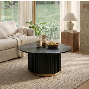Christopher Knight Home Modern Round Coffee Table 33.46" Fluted Pedestal Base Sculptural Accent Table with Ash Veneer Top and Gold Metal Detail for Living Room Lounge and Minimalist Interiors, White