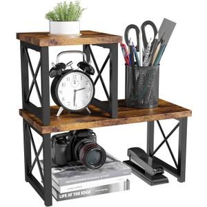 Desk Shelf, 2 Tier Wood Desktop Bookshelf, Adjustable Freestanding Stackable Desk Organizer, Desktop Shelf Organizer Storage Rack, Desk Display Rack for Office, Home, Rustic