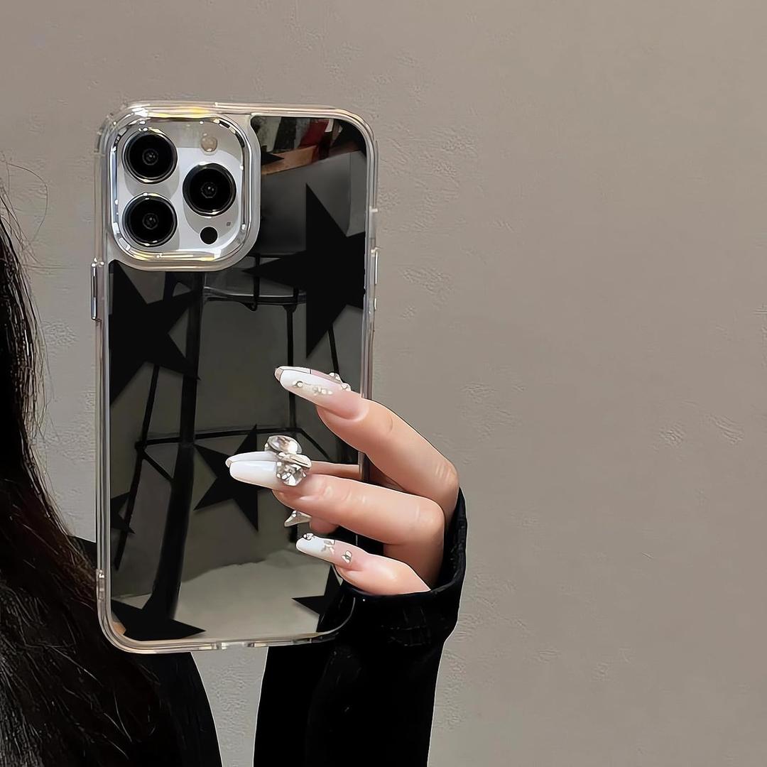 Compatible with iPhone 15 Pro Max Cute Glossy Mirror Case,Black Cool Stars,Senior Shockproof Protection and Silver Lens Frame for Women Girls Man