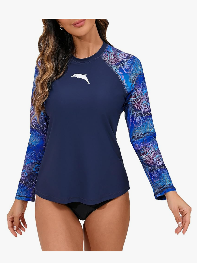 Halcurt Womens Long Sleeve Rash Guard Swim Top with Built in Bra UPF50+ Sun Protection Swim Shirts Quick Dry Swimsuit, Size Medium