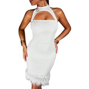 SISKIN Womens Summer Dresses, Sexy Cocktail Prom Club Dresses, Halter Bodycon Cut Out Mini Sleeveless Feather Dress (White, S)