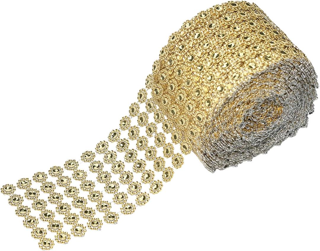4" x 10 Yards 6 Rows Faux Diamond Bling Wrap, Gold Flower Pattern Faux Rhinestone Crystal Mesh Ribbon Roll for Wedding Decorations, Wedding Cake, Birthdays, Party Supplies, Arts & Crafts