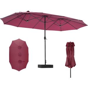 DUMOS 15FT Large Patio Umbrella with Base Included, Heavy Duty Extra Wide Outside Umbrella with 12 Ribbed Bars, Rectangle Outdoor Table Umbrella for Patio, Backyard, Pool, Deck & Garden, Red