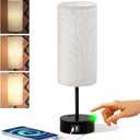 KPQ Small Bedside Lamp Touch Control Table Lamp with USB A+C Charging Ports & AC Outlet 3-Way Dimmable Nightstand Lamp with Linen Fabric Shade for Bedroom Living Room