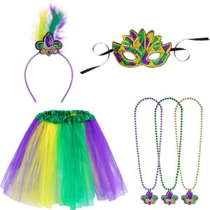 6 Pack Mardi Gras Costume Accessories Tutu Skirt Feather Headband Mask and Beads Necklaces for Carnival Parade Celebration Party