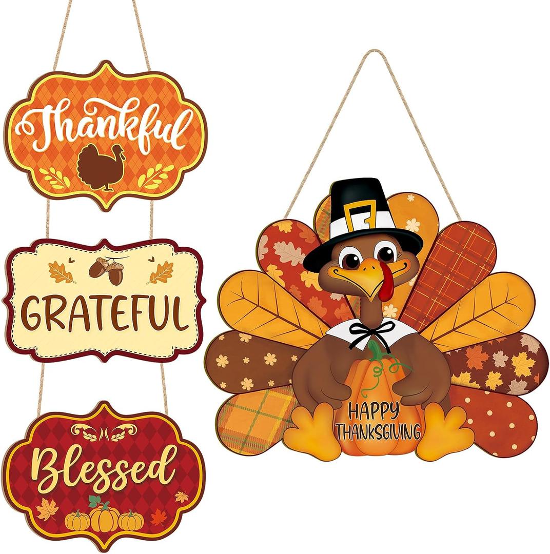 Thanksgiving Decoration Wood Pumpkin Turkey Door Wall Wreath for Front Door Sign Thankful Blessed Grateful, Pumpkin Sign for Fall Autumn Harvest Home Thanksgiving Party Outdoor Halloween Decoration (Large)