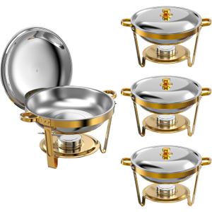 Amhier Chafing Dishes for Buffet 4 Pack, 5Qt Round Stainless Steel Chafing Dishes [Elegant and Smooth] Stainless Steel Chafing Dish Buffet Set for Weddings, Parties and Catering, Gold