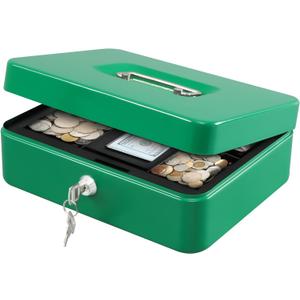 KYODOLED Large Lock Box with Money Tray,Storage Cash Box with Lock,Safe Metal Box for Money,9.84"x 7.87"x 3.54" Green Large